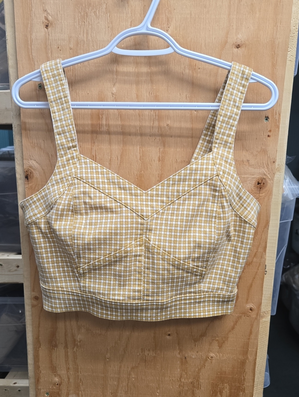 Madewell Size 6 Mustard Yellow White Checkered Cropped Top